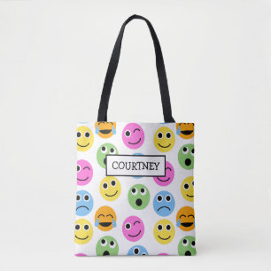 Bolsa Tote Emojis Personalizados Enfrenta Um Padrão Colorido