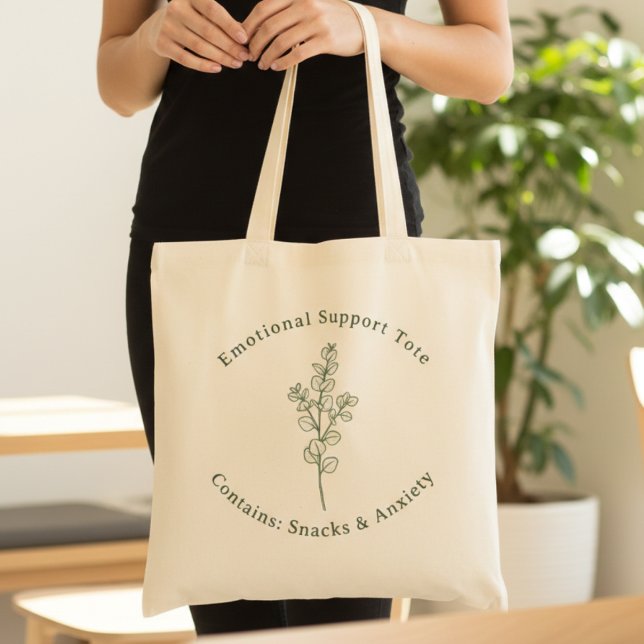 Bolsa Tote Emotional Support Funny Sage Green Mental Health (Sage Green Eucalyptus illustration + Typography: Emotional Support Tote - Contains: Snacks & Anxiety)