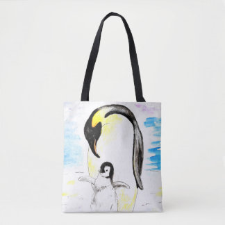Bolsa Tote Emperor Penguin and Chick Watercolor Painting