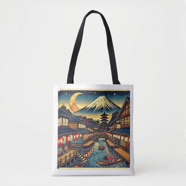 Bolsa Tote Encantando Aldeia Japonesa Sob Moonlit Fuji (Frente)