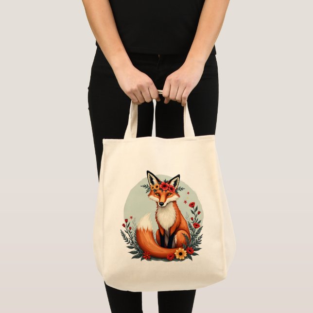 Bolsa Tote Encantando Arte Foliar de Fox Woodland Floral (Frente (produto))