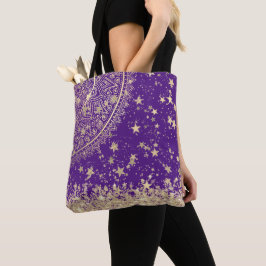 Bolsa Tote Encantando Mandala com Douradas Estrelas em Roxo