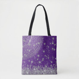Bolsa Tote Encantando Mandala com Estrelas de Prata em Roxo