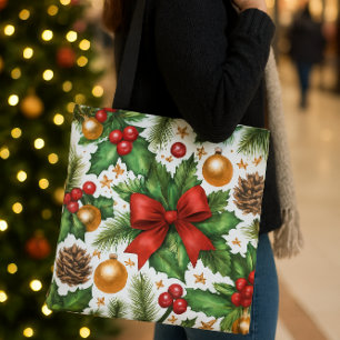 Bolsa Tote Enfeites de Natal Dourados com Laço Vermelho 