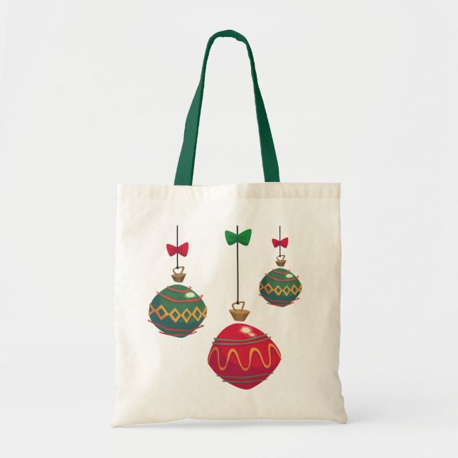 Bolsa Tote Enfeites de Natal Vermelho e Verde Retrô (Frente)