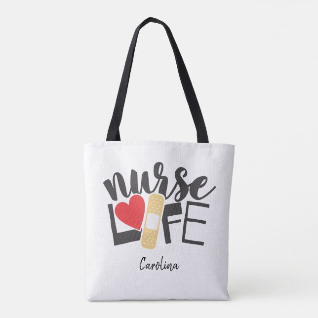 Bolsa Tote Enfermeira Bandage Heart Nursing Nome da Escola de (Verso)