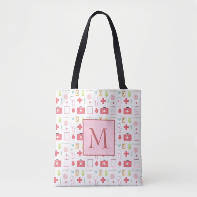 Bolsa Tote Enfermeira cor-de-rosa e branca do monograma (Frente)