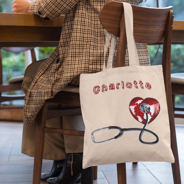 Bolsa Tote Enfermeira de nome personalizado Stethoscope Red H (Criador carregado)