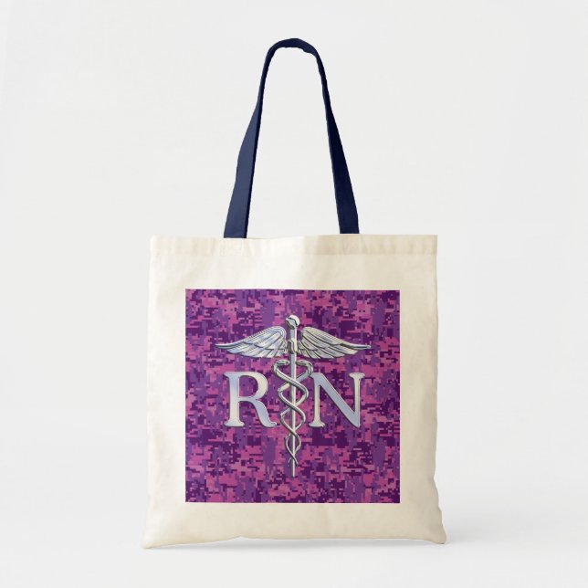 Bolsa Tote Enfermeira Registrada RN Silver Caduceus Fuchsia C (Frente)