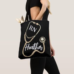Bolsa Tote Enfermeira RN Dourado Stethoscope Black Minimalist