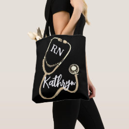 Bolsa Tote Enfermeira RN Dourado Stethoscope Black Minimalist