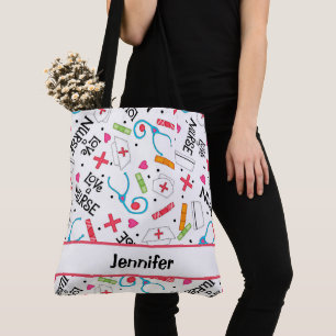 Bolsa Tote Enfermeira Whimsy Medical Art Nome Branco Personal