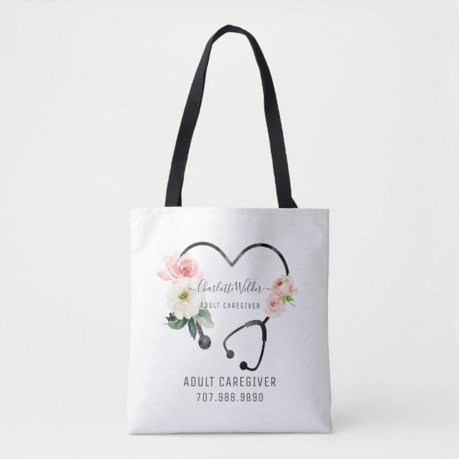 Bolsa Tote Enfermeiro Promocional Floral de Estetoscópio (Frente)