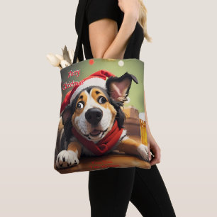 Bolsa Tote Engraçado Cachorro de Natal Festivo Saco