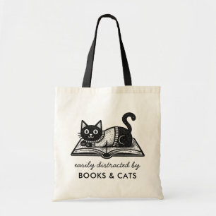 Bolsa Tote Engraçado Fácilmente Distraído por Livros e Gatos