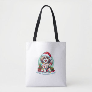 Bolsa Tote Engraçado Mão de Paz Shih Tzu Luzes de Natal Mulhe