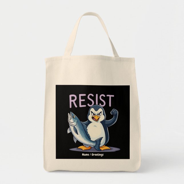 Bolsa Tote Engraçado Resiste Pinguim Protesto Contra Tarifas (Frente)
