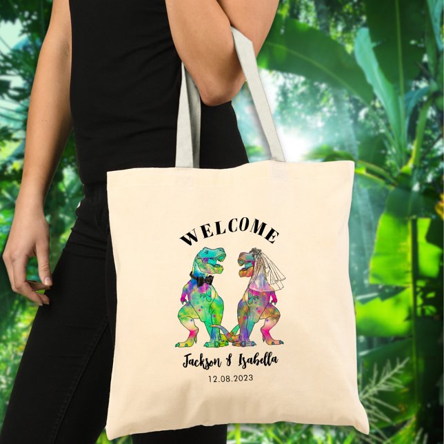 Bolsa Tote Engraçado T Rex Bride e Boas-vindas (T-Rex bride and groom colorful dinosaur wedding welcome tote bag)