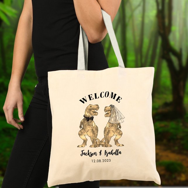 Bolsa Tote Engraçado T Rex Bride e Boas-vindas (T-Rex bride and groom dinosaur wedding welcome tote bag)