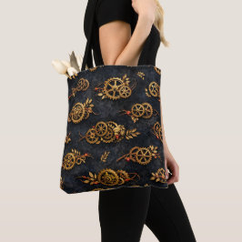 Bolsa Tote Engrenagens Douradas Vintage e Neon Vermelho Cyber