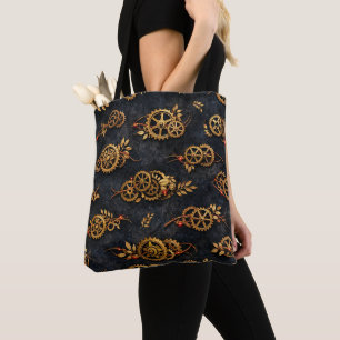 Bolsa Tote Engrenagens Douradas Vintage e Neon Vermelho Cyber