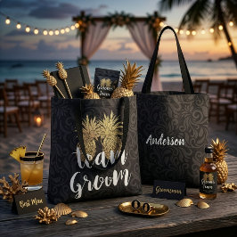 Bolsa Tote Equipe de Noiva Noivo Preto Dourado Abacaxi Casal
