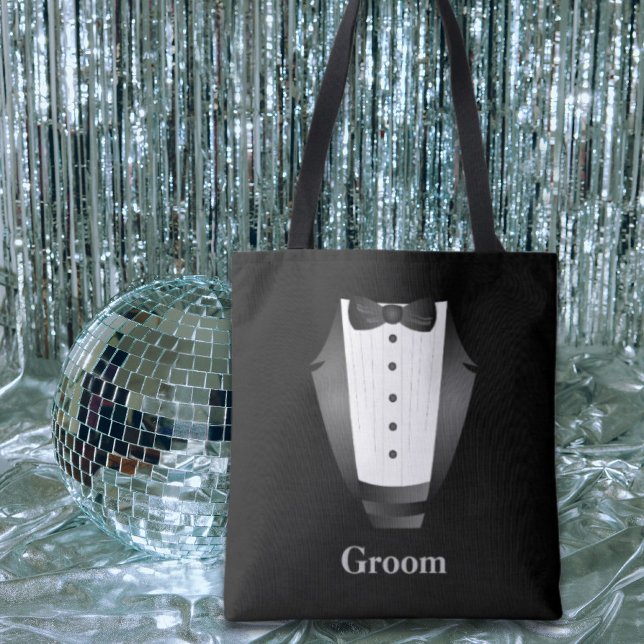Bolsa Tote Equipe de padrinhos da despedida de solteiro do no (Bachelor Party Groomsman Team Groom black tuxedo Tote Bag)