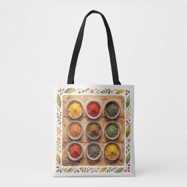 Bolsa Tote Ervas e Especiarias Rústicas em Aquarela (Frente)