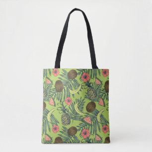Bolsa Tote Esboço da fruta tropical no teste padrão verde