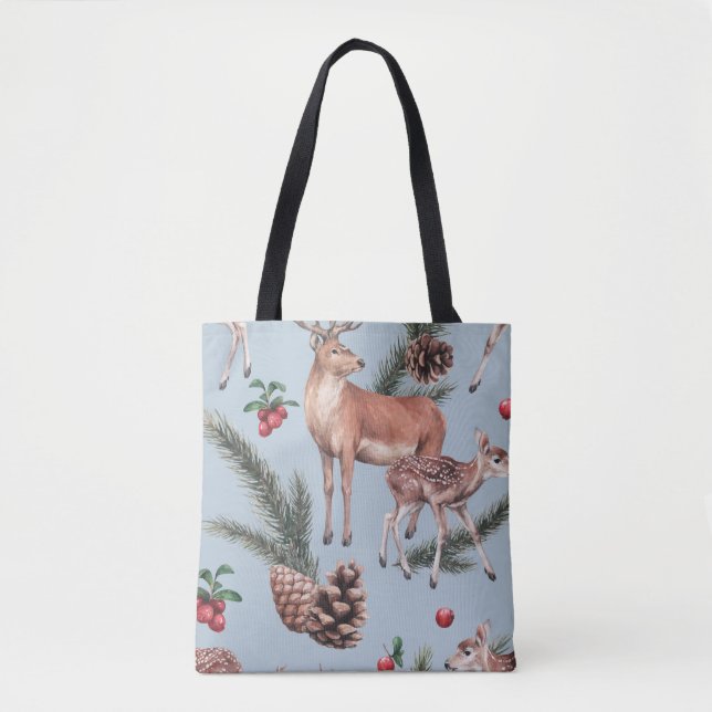 Bolsa Tote Esboço dos animais de inverno, fundo azul. (Frente)