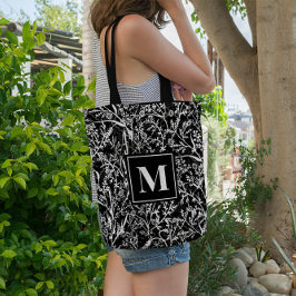 Bolsa Tote Escala de Cinza Floral de Texto Monograma