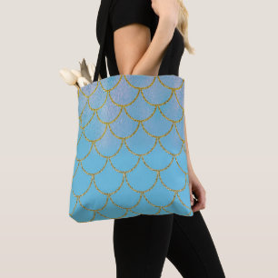 Bolsa Tote Escalas de Sereia do Shimmer Iridescente Azul e Do