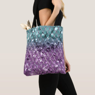 Bolsa Tote Escalas de Sereia em Aqua Purple MERMAID Glitter #