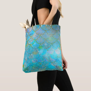 Bolsa Tote Escamas de sereia com brilho azul iridescente lind