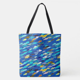 Bolsa Tote Escola de Peixes, Azul Escuro, Branco e Turquesa