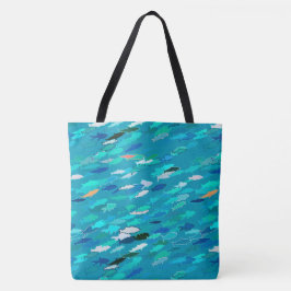Bolsa Tote Escola de Peixes, Turquesa, Azul e Aqua