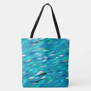 Bolsa Tote Escola de Peixes, Turquesa, Azul e Aqua