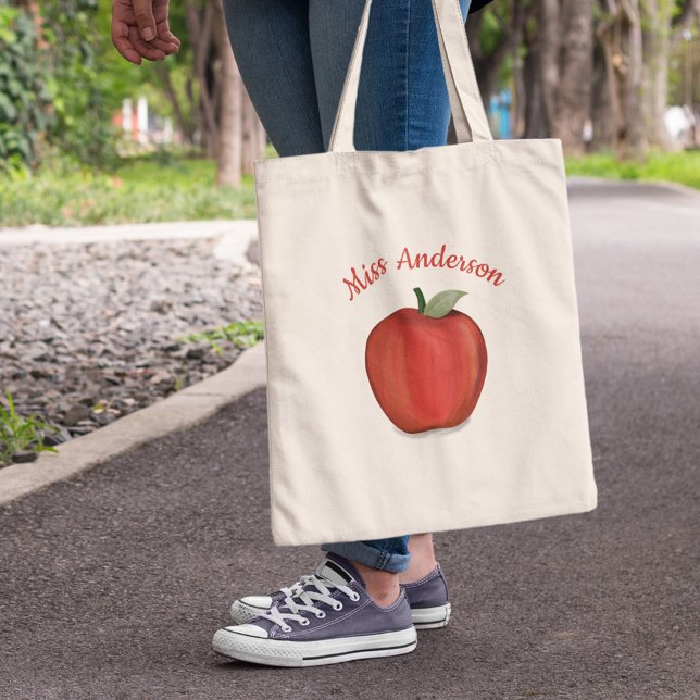Bolsa Tote Escola de Professores Apple (Personalized teacher tote bag with red apple illustration and custom teacher name design.)