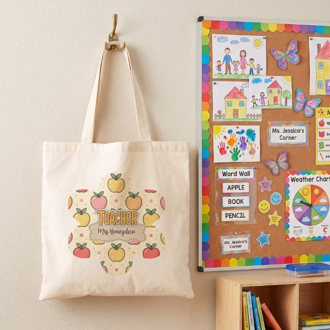 Bolsa Tote Escola do Professor Amarelo Padrão de Maçã (Criador carregado)