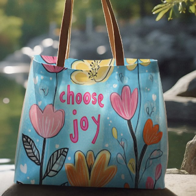 Bolsa Tote Escolher a arte colorida da alegria (Choose Joy Colorful Flower Art Tote Bag - Larage)