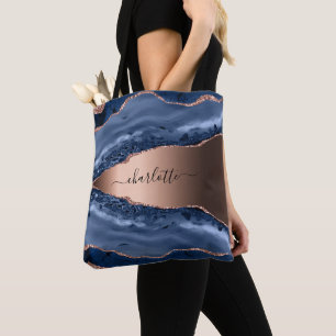 Bolsa Tote Escrito com rosa dourado de mármore azul