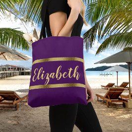 Bolsa Tote Escrito em negrito com nome de ouro roxo
