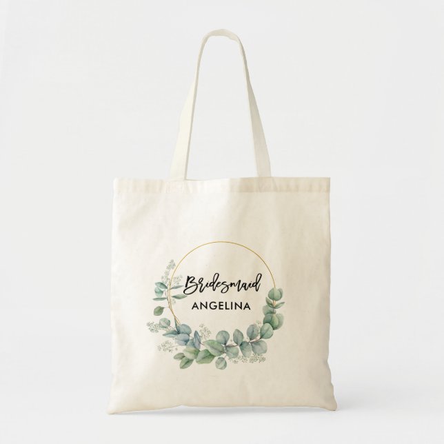 Bolsa Tote Escrito Moderno Bridesmaid Verde Botânico (Frente)