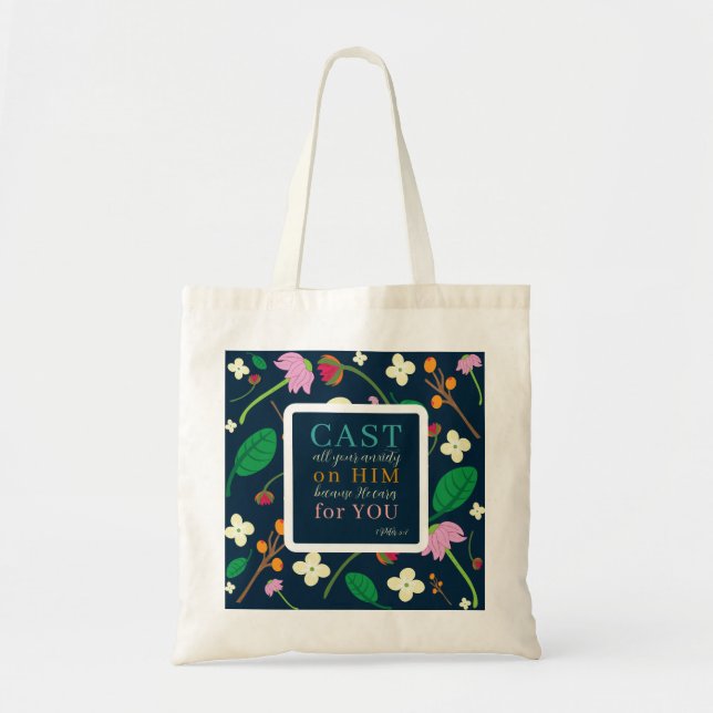 Bolsa Tote Escritura Floral 1 Peter 5:7 (Frente)