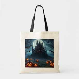 Bolsa Tote Escuro, castelo medieval, morcegos e abóboras