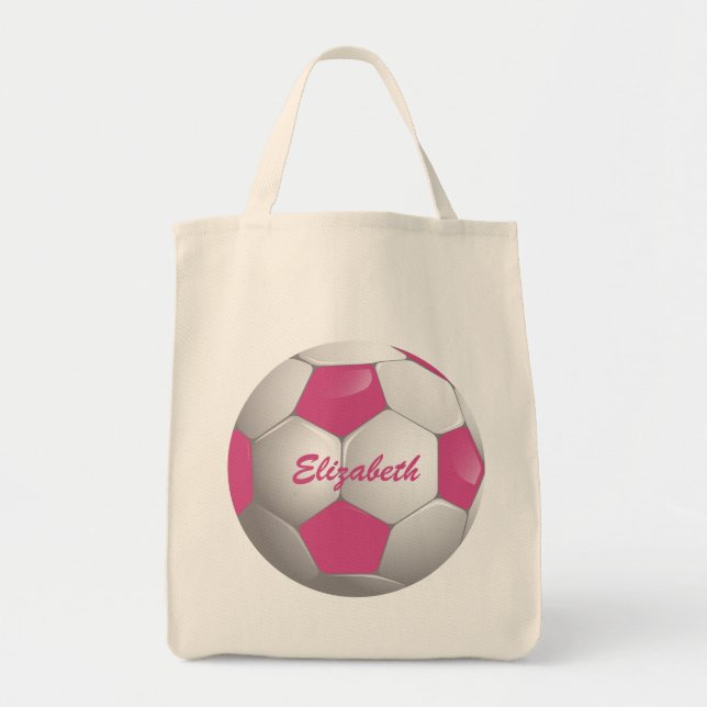 Bolsa Tote Esfera de Futebol Personalizável, Rosa e Branco (Frente)
