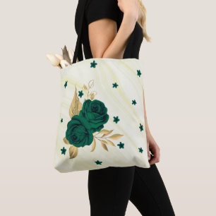 Bolsa Tote esmeralda flores verdes ouro folhas sacola de márm