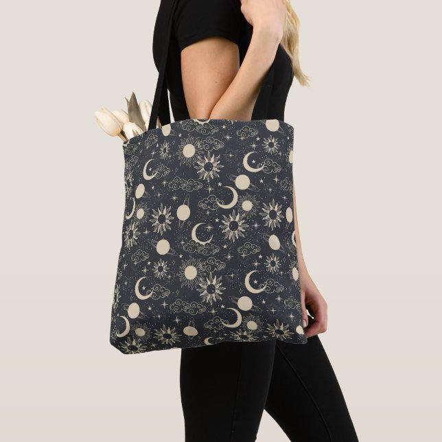 Bolsa Tote espaço celestial sol lua galáxia planeta bege (Close Up)