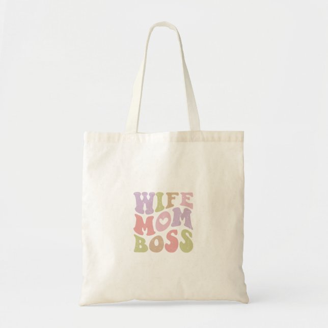 Bolsa Tote Esposa Mãe Chefe Script Retro Groovy Dia das Mães  (Frente)