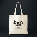 Bolsa Tote Esquadra da Noiva Texto Chuveiro de Noiva Despedid<br><div class="desc">Um design simples e elegante de tipografia preta minimalista para um chuveiro de noiva ou despedida de solteira. O texto de caligrafia é personalizável e pode ser alterado para sua própria frase. Você pode alterar a fonte, cor da fonte, tamanho da fonte, espaçamento entre letras e reposicionar o texto usando...</div>